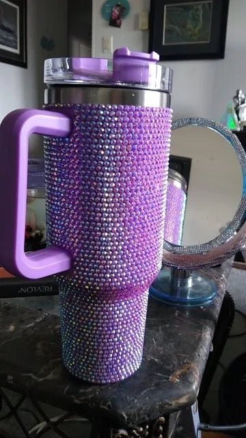 Purple Rhinestone Tumbler with Handle Stainless Steel Vaccum Cup