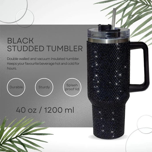 Black Diamond Rhinestone Tumbler with Handle Stainless Steel Vaccum Cup