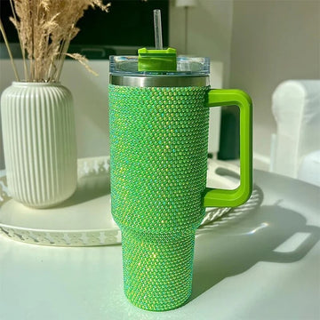 Green Rhinestone Tumbler with Handle Stainless Steel Vaccum Cup