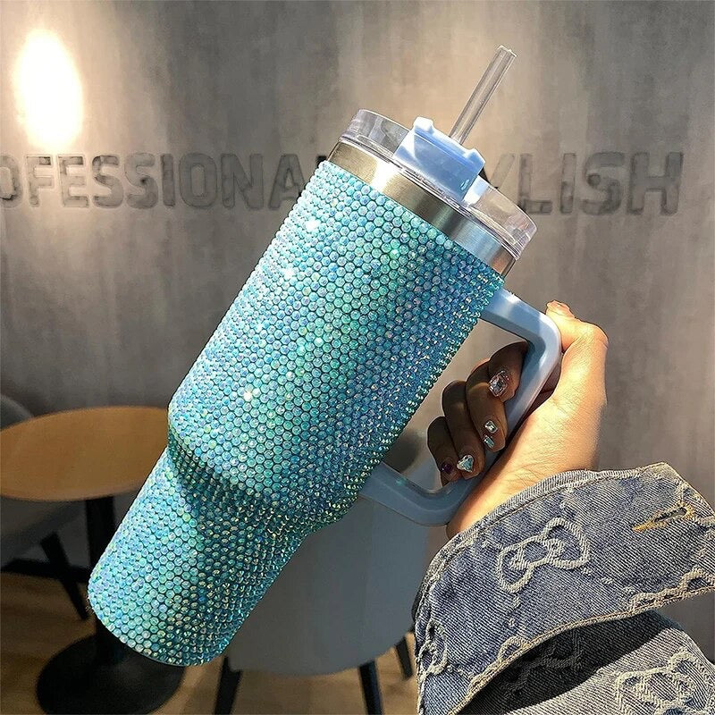 Blue Rhinestone Tumbler with Handle Stainless Steel Vaccum Cup