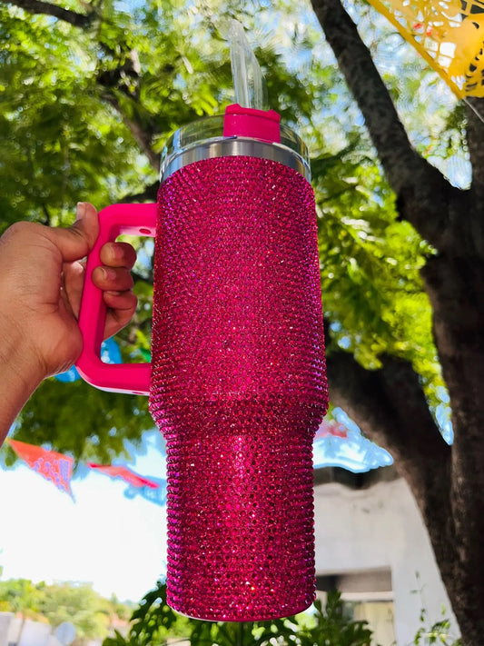 Hot Pink Rhinestone Tumbler with Handle Stainless Steel Vaccum Cup