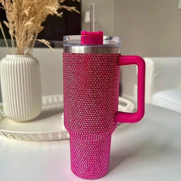 Hot Pink Rhinestone Tumbler with Handle Stainless Steel Vaccum Cup