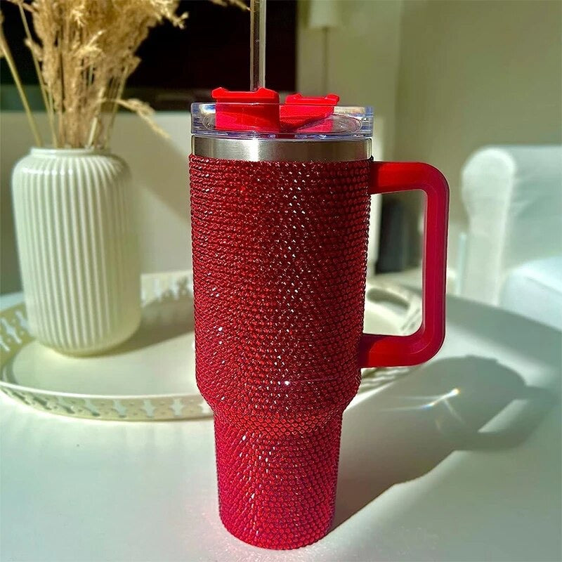 Red Diamond Rhinestone Tumbler with Handle Stainless Steel Vaccum Cup
