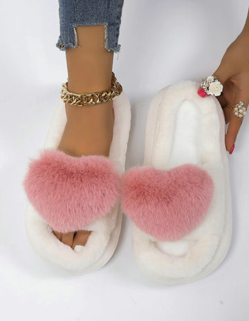 Heart Design Plush House Fluffy Slippers, Soft Comfty Fuzzy Slippers