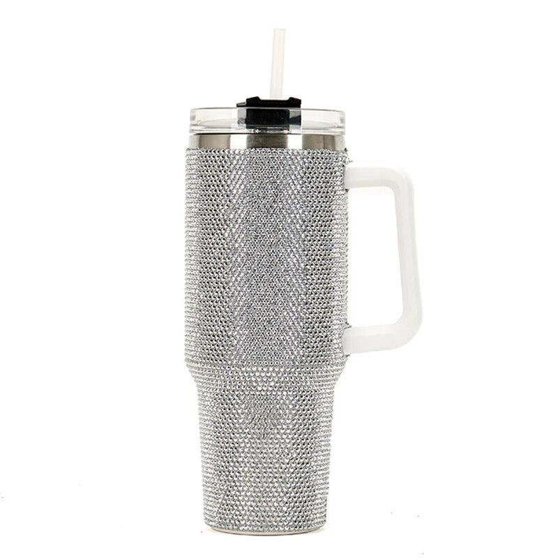 Silver Diamond Rhinestone Tumbler with Handle Stainless Steel Vaccum Cup