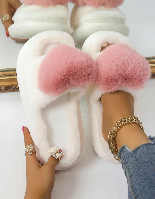 Heart Design Plush House Fluffy Slippers, Soft Comfty Fuzzy Slippers