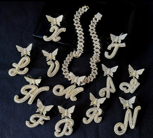 Butterfly Pendant Cuban Link Chain Iced Out Initial Letter Name