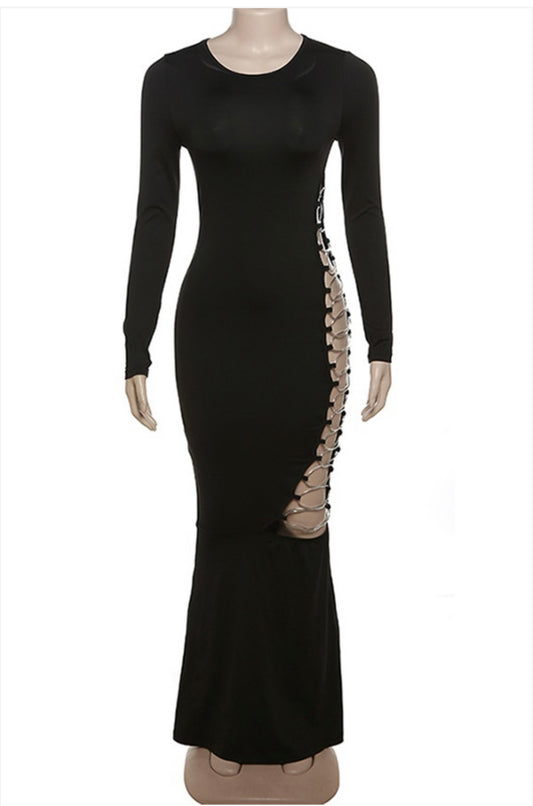Solid Round Neck Hollow Bodycon Maxi Dress