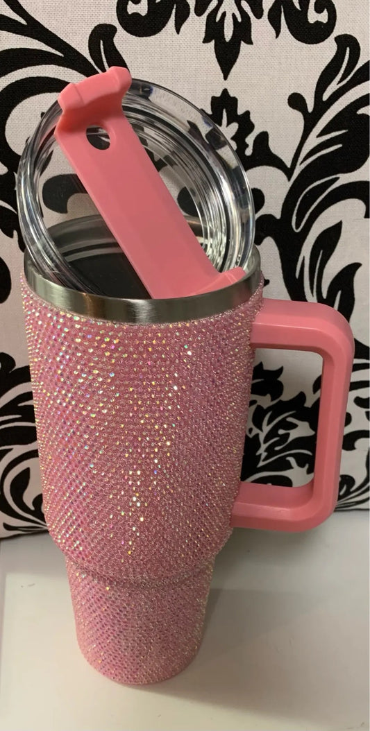 Pink Diamond 40oz Rhinestone Embellished Coffee Mug Stylish Luxury With Handle Lid Straw Tumbler Drinkware Thermos Stainless Steel Vacuum Cup