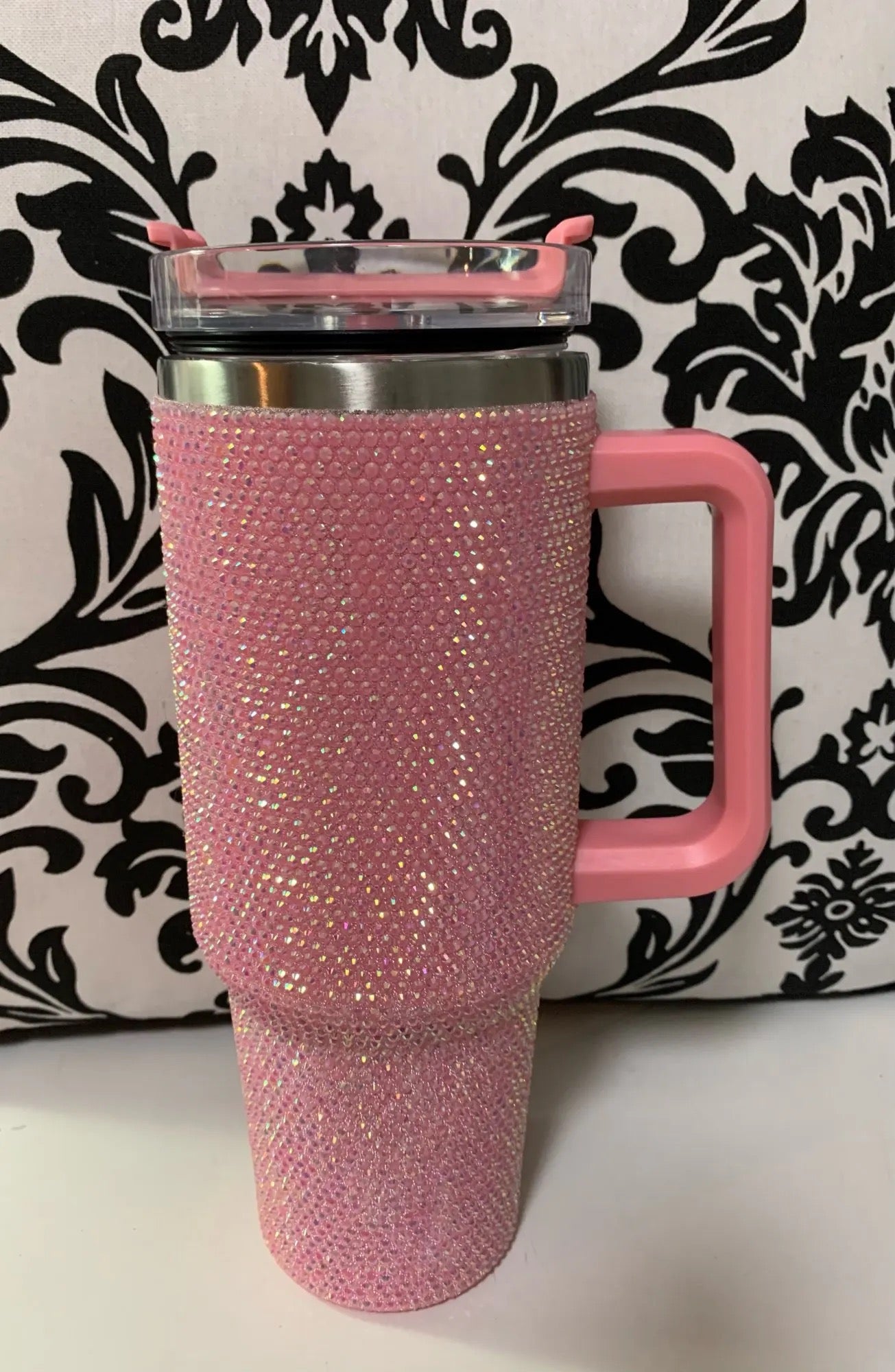 Pink Diamond 40oz Rhinestone Embellished Coffee Mug Stylish Luxury With Handle Lid Straw Tumbler Drinkware Thermos Stainless Steel Vacuum Cup