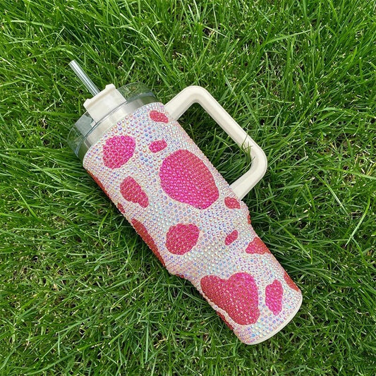 Rose Pattern Rhinestone Tumbler with Handle Stainless Steel Vaccum Cup
