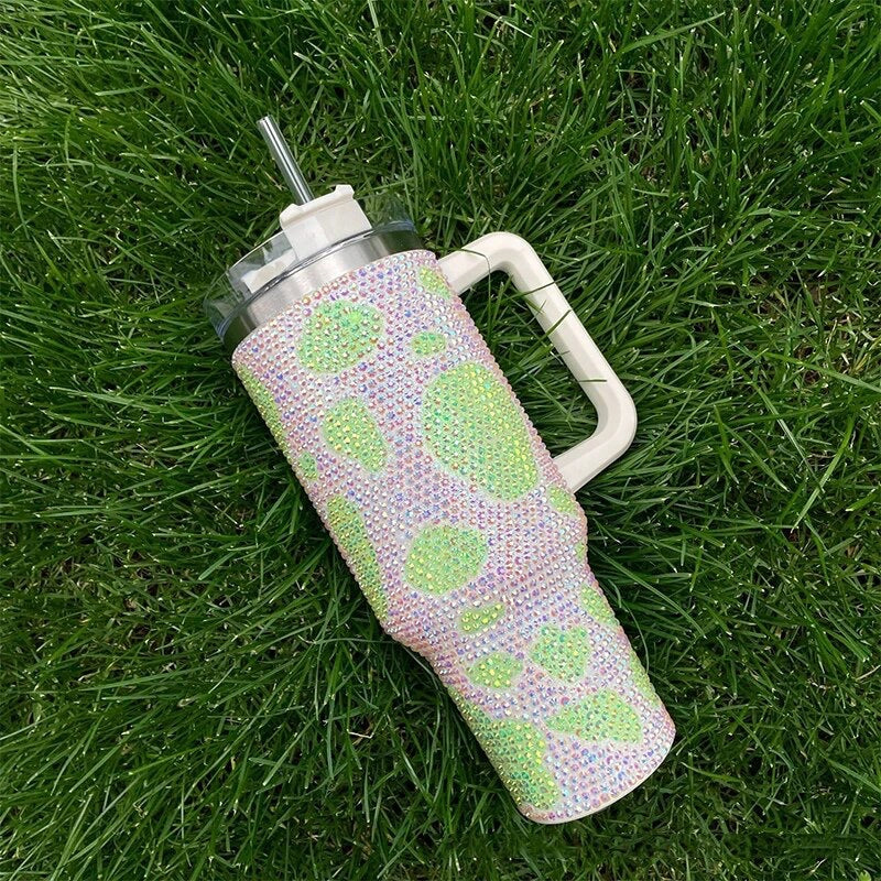 Green Pattern Rhinestone Tumbler with Handle Stainless Steel Vaccum Cup