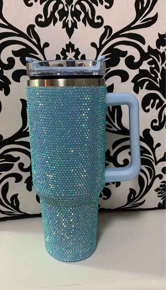 Blue Rhinestone Tumbler with Handle Stainless Steel Vaccum Cup