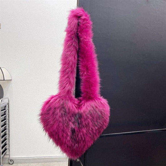 FUR OVERSIZED HEART SHAPED SHOULDER BAGS - Bossy Collections