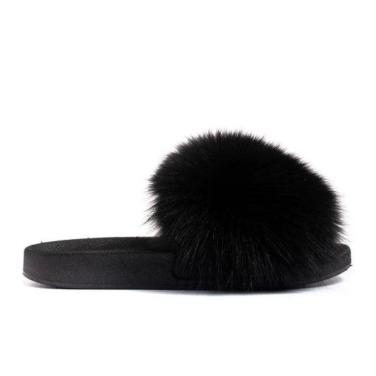 Black Fox Fur Slides - Bossy Collections