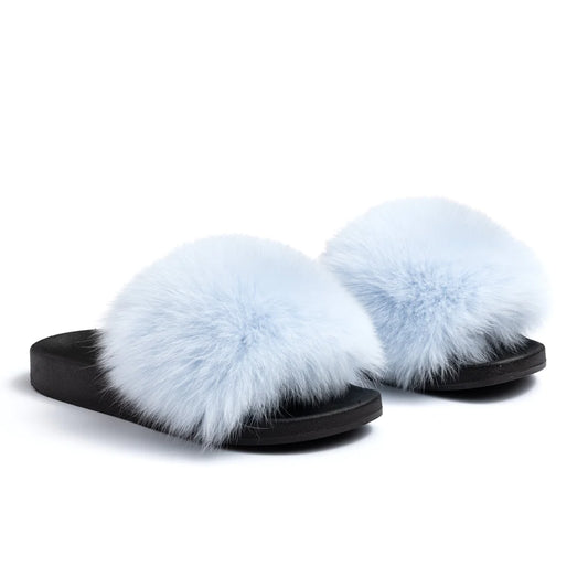 Baby Blue Fox Fur Slides - Bossy Collections