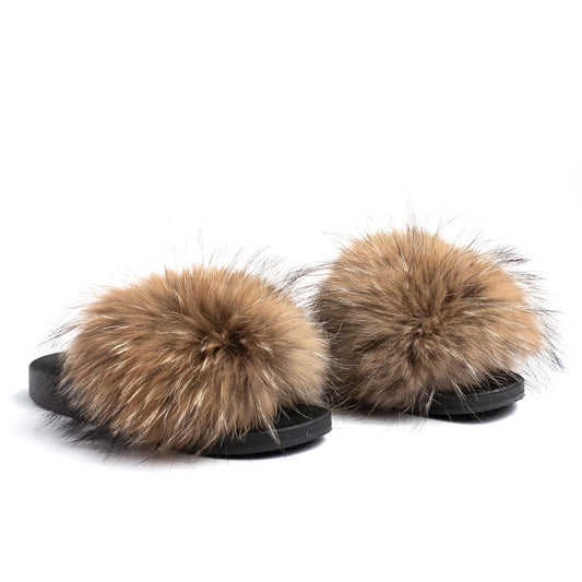 Brown Fox Fur Slides - Bossy Collections