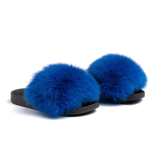 Royal Blue Fox Fur Slides - Bossy Collections