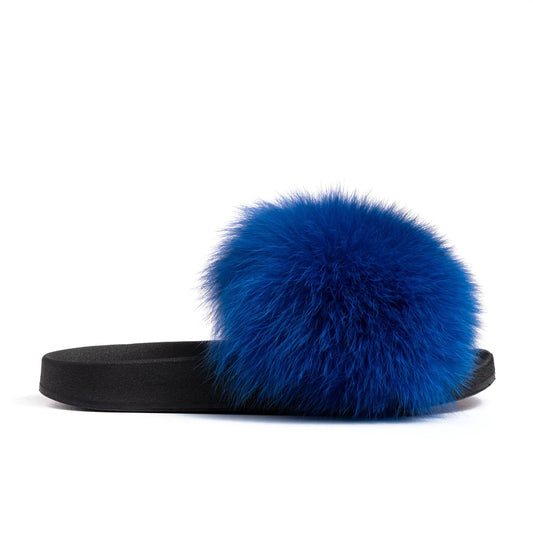 Royal Blue Fox Fur Slides - Bossy Collections
