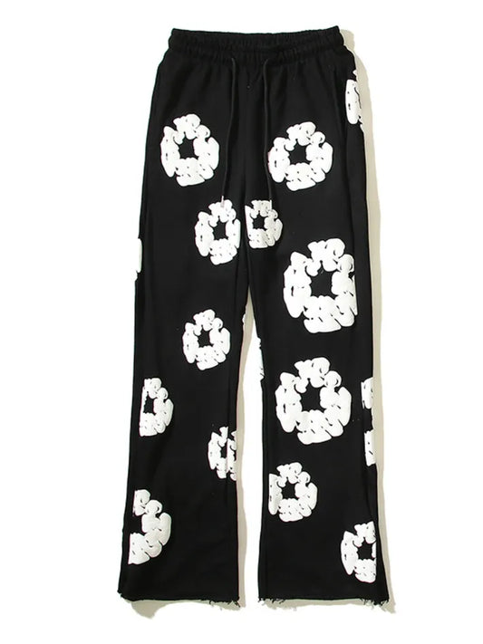 Floral Print Drawstring Contrast Color Flare Pants - Bossy Collections