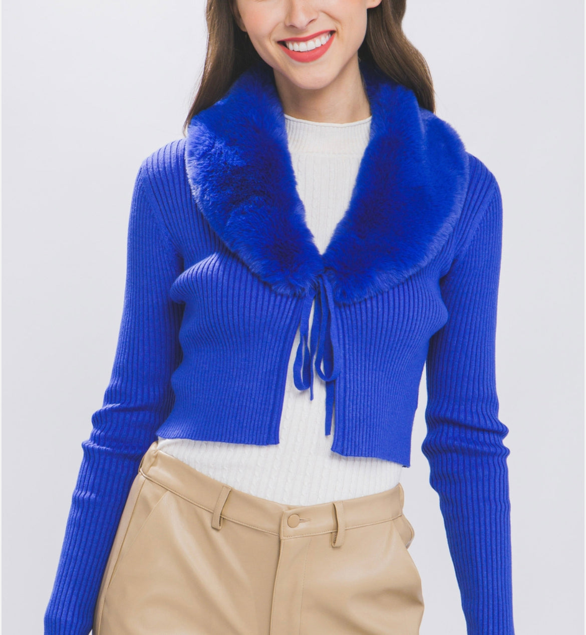 Fluffy Collar Front Tie Sweater Cardigan